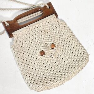 VTG 70s Macrame Handbag Cream Boho Wood Handle Tassel Shoulder‎ Bag Retro Hippie